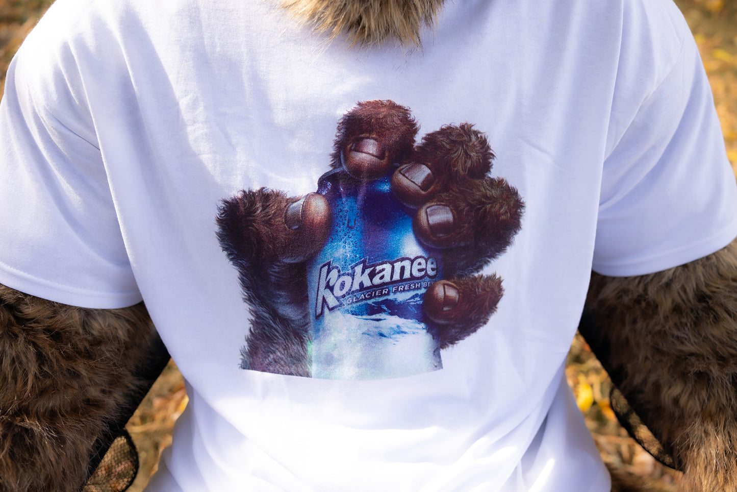 Men's White T-Shirt- Sasquatch Hand with Kokanee